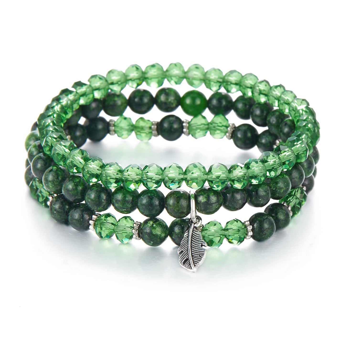 Minimalist Geometric Crystal Feather Pendant Bracelet Set