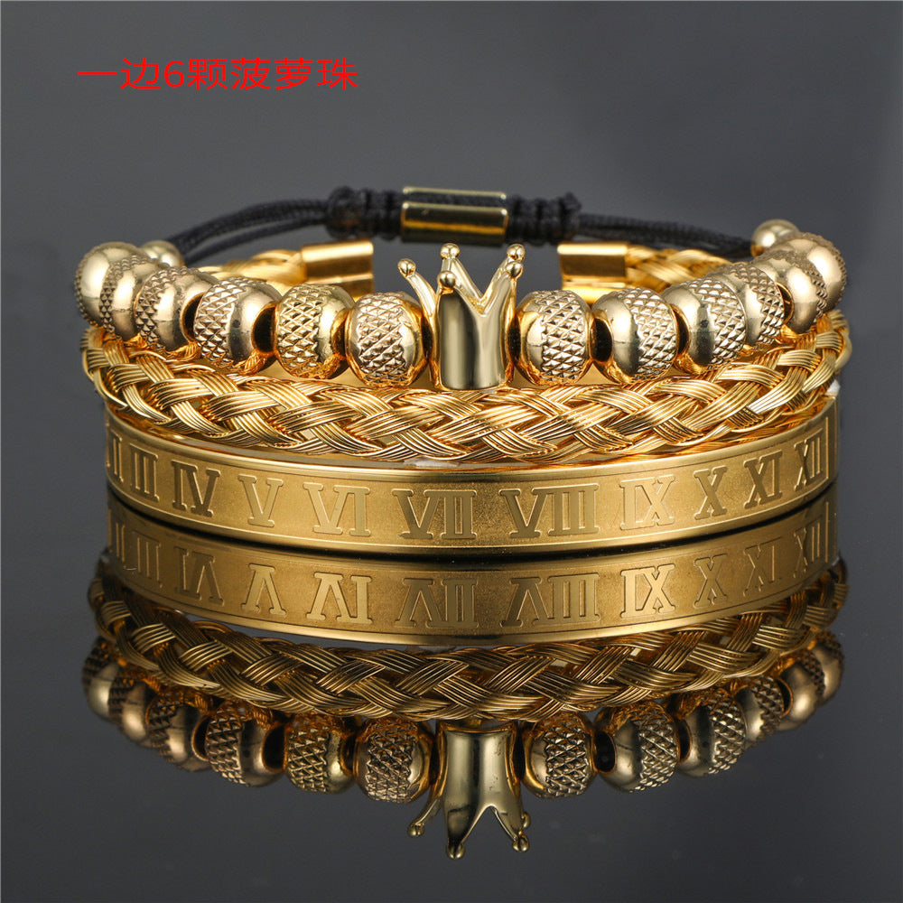 Vintage Crown Geometric Micro-inlay Stainless Steel Mesh Open Cuff Bracelet Set for Unisex