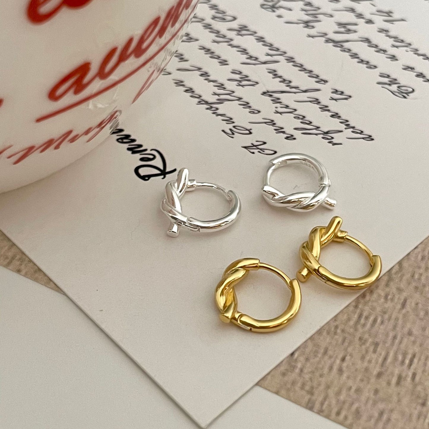Natural Minimalist Star-Shaped Handmade 925 Sterling Silver Knot Hoop Earrings