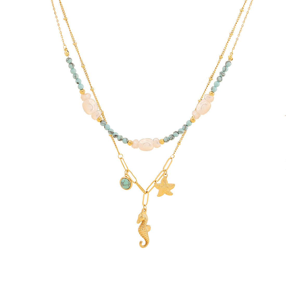 Collana Minimalista Turchese con Perline e Ciondolo a Conchiglia su Catena a Doppio Strato in Acciaio Inossidabile da Donna