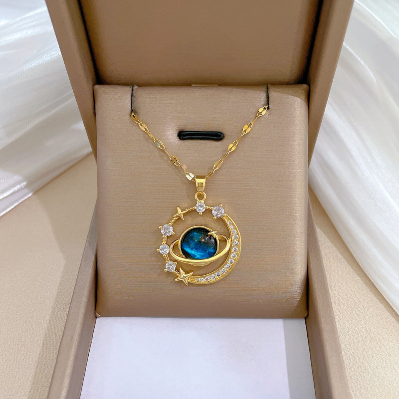 Collar de lujo de acero de titanio geométrico de estrella y luna con incrustaciones de diamantes de imitación para mujer y hombre