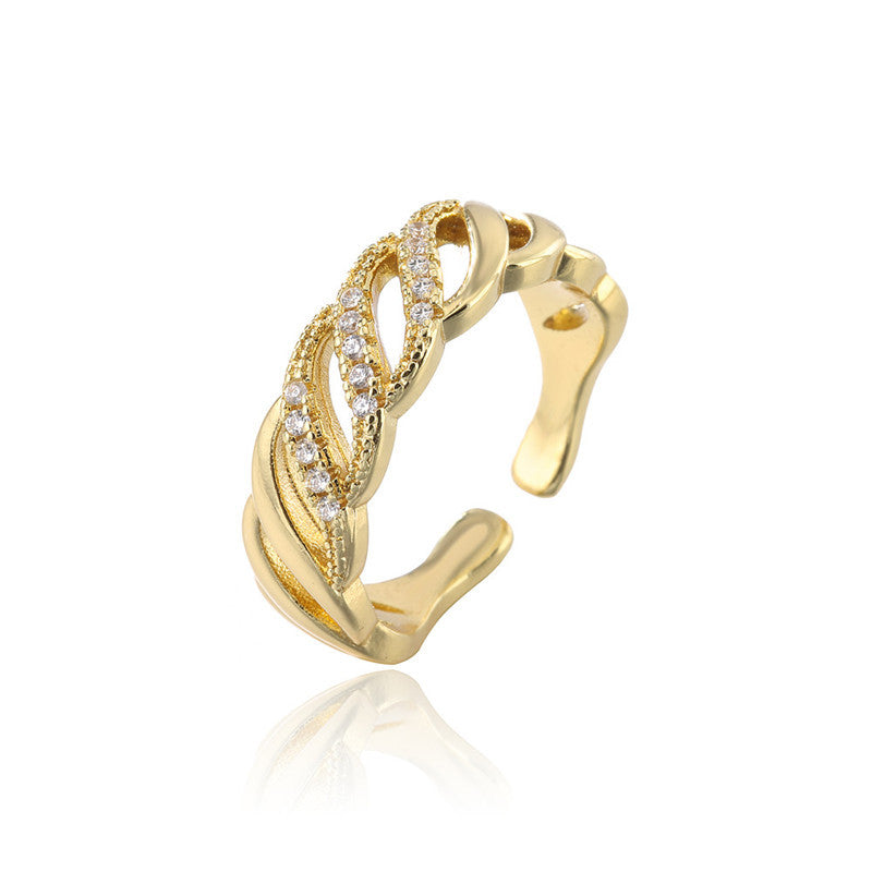 Anello Aperto Personalizzato di Tendenza, Placcato Oro 18K, Fascia in Rame con Zirconi Micro-Incastonati, Design Geometrico, da Donna