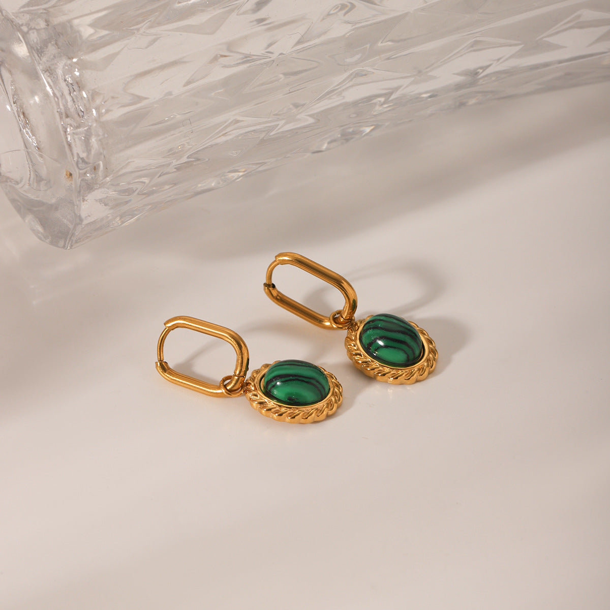 Vintage French Style Oval Stainless Steel Plated Earrings with Natural Malachite Inlay for Women