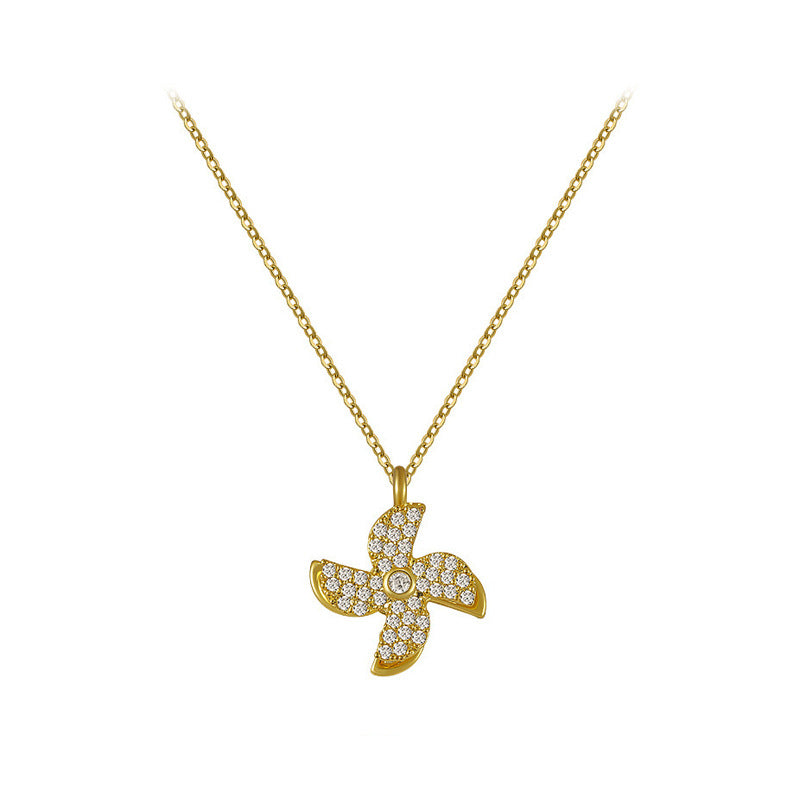 Rotatable Windmill Pendant Necklace for Women Geometric Titanium Steel Plated Locket Chain with Bow Detail Summer Lightweight Fashion Accessory