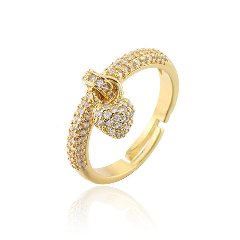 Minimalist 18K Gold Plated Brass Heart Geometric Ring with Cubic Zirconia Inlay for Women