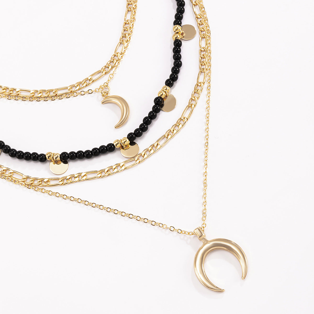 Collana Rustica Chic Multi-Strato con Ciondolo Luna, Perle in Lega, Forma Geometrica, Finitura Galvanizzata e Dettagli Tondi