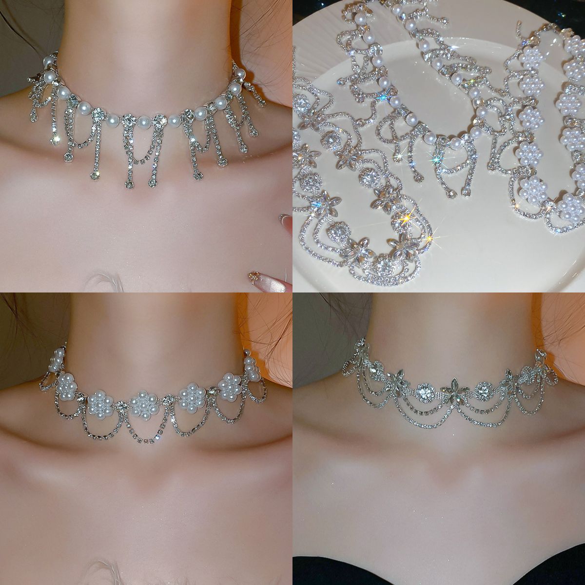 Collar Pendiente Vintage Elegante de Perlas y Diamantes de Imitación con Flores para Mujer con Cadena para Clavícula