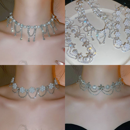 Vintage Elegant Floral Pearl and Rhinestone Pendant Necklace for Women with Clavicle Chain