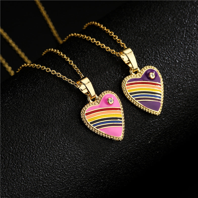 Rainbow Gradient Drip Oil Heart 18K Gold Plated Brass Necklace Cable Chain