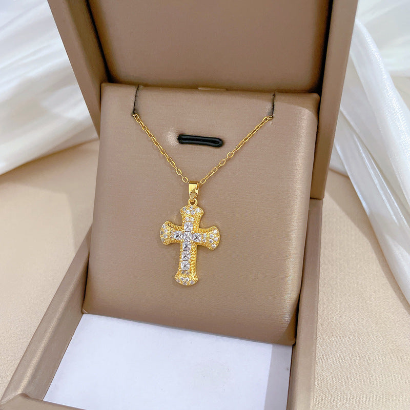 Luxury Titanium Steel Cross Pendant Necklace with Zircon Inlay for Women and Men Collar Chain