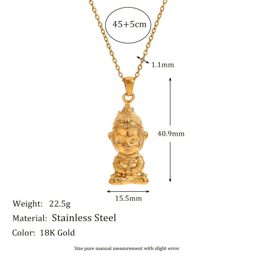 Collana con ciondolo in acciaio inossidabile con personaggio cartone animato minimalista placcato oro 18 carati e design 3D Re Scimmia