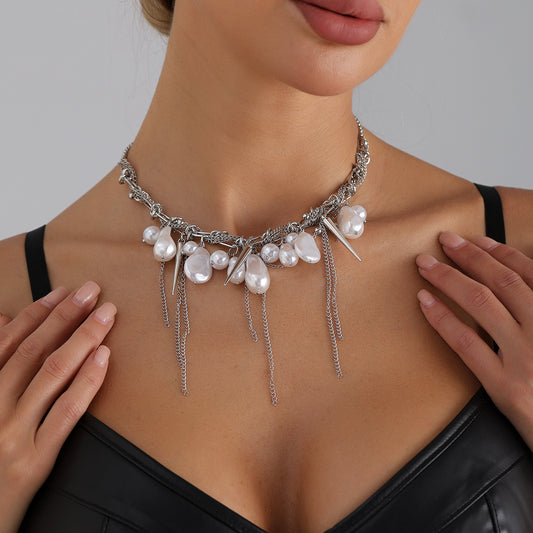Sweet Streetwear Geometric Heart Alloy Plated Pearl Tassel Choker Necklace for Women