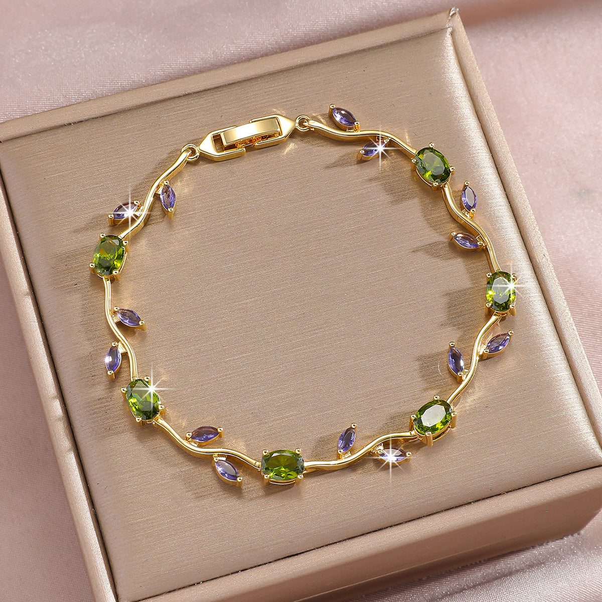 Luxury Gold Plated Brass Leaf Bracelet with Cubic Zirconia Inlay Unisex Floral Design