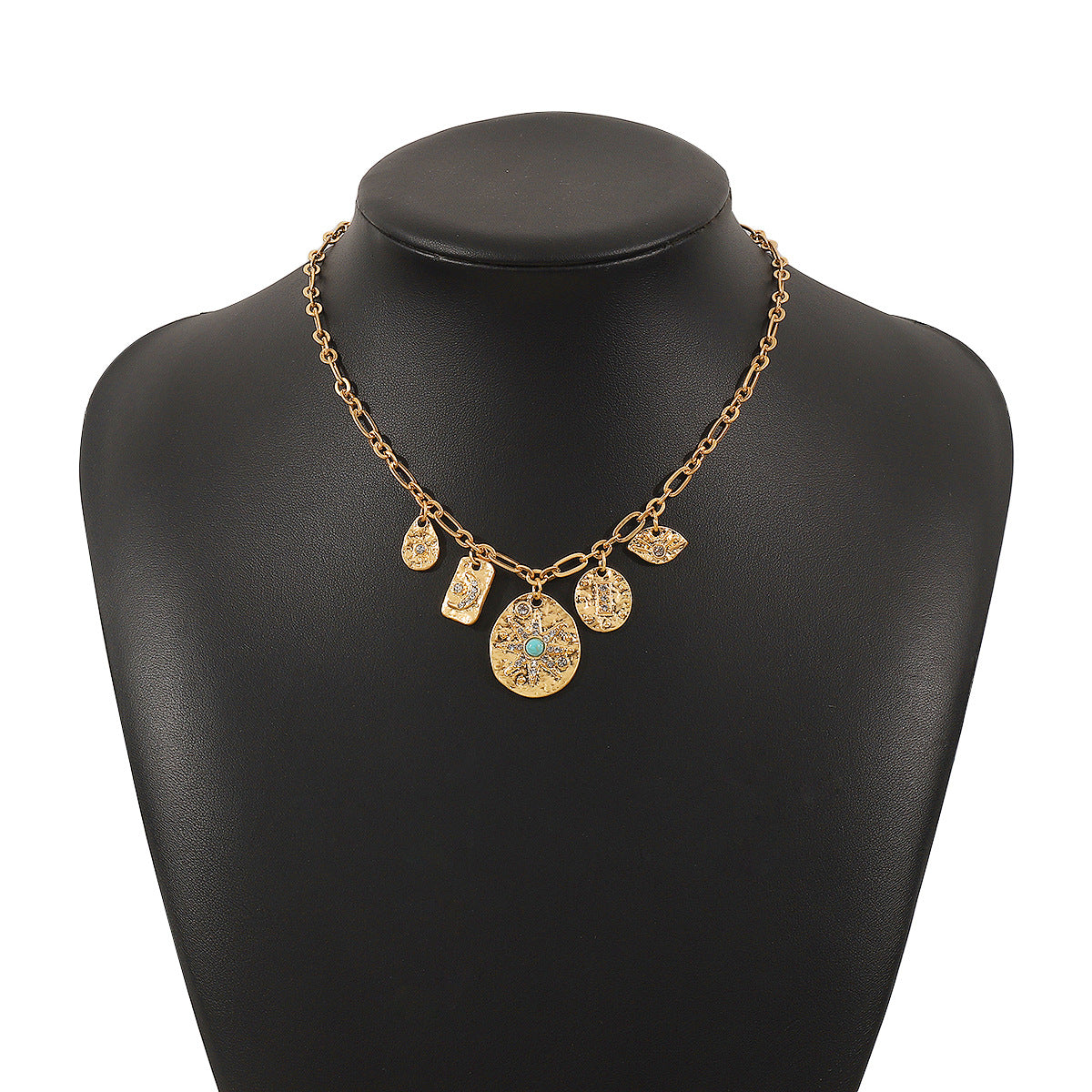 Dulce y atrevido collar con colgante de estrella y luna creciente geométricas en aleación con incrustaciones de turquesa y galvanizado para mujer
