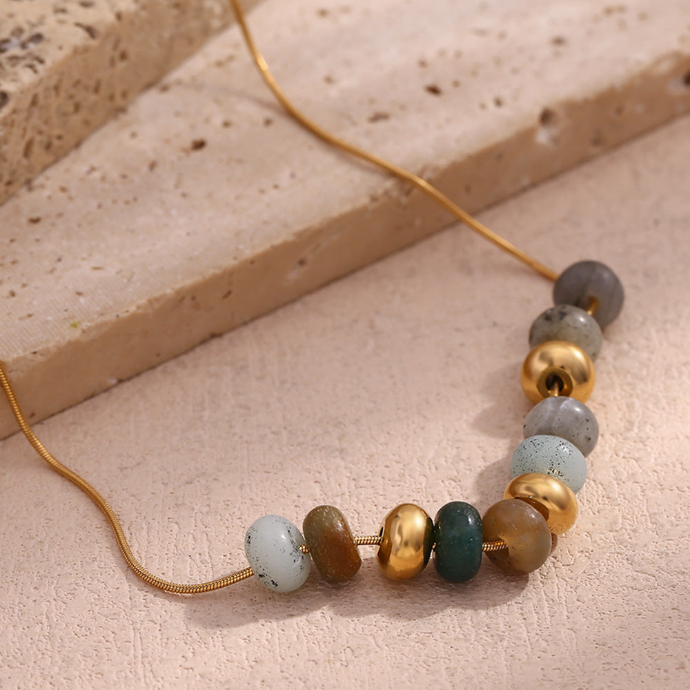 Fashionable Geometric Stainless Steel Plated 18K Gold Necklace for Women with Natural Stone Beads and Snake Chain