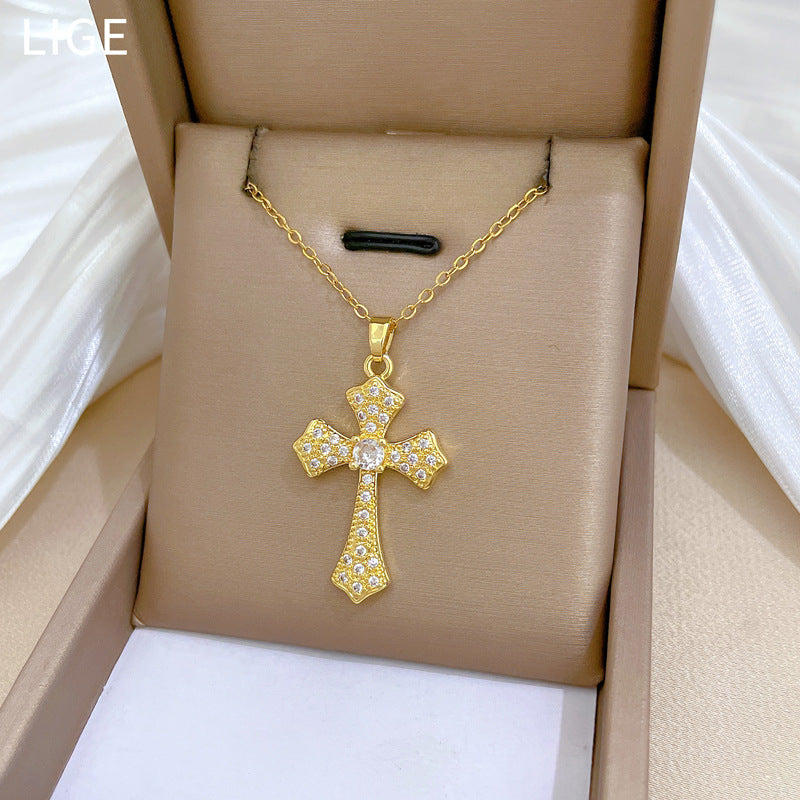 Luxury Stainless Steel Cross Pendant Necklace with Rhinestone Inlay for Women, Geometric Shape, Minimalist Style, Adjustable Length Locket Chain