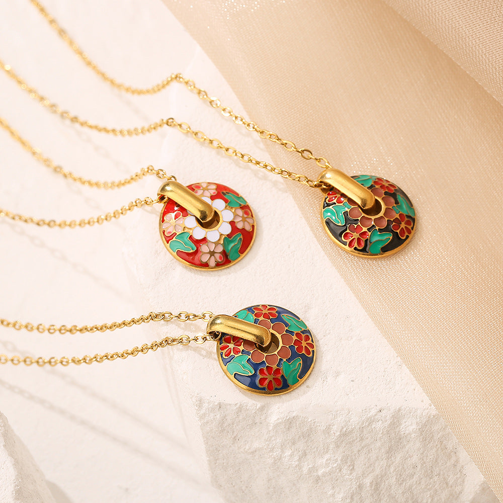 Minimalist Floral Geometric Pendant Necklace for Women in Titanium Steel with Enamel Finish