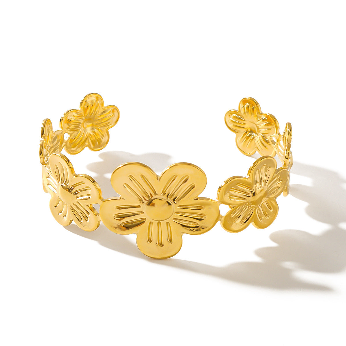 Vintage Floral Open Bangle Bracelet in Titanium Steel with 18K Gold Plating for Women