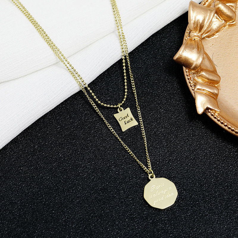 Minimalist Geometric Titanium Steel Plated Double-Layer O-Chain Necklace for Women with Good Luck Letter Pendant
