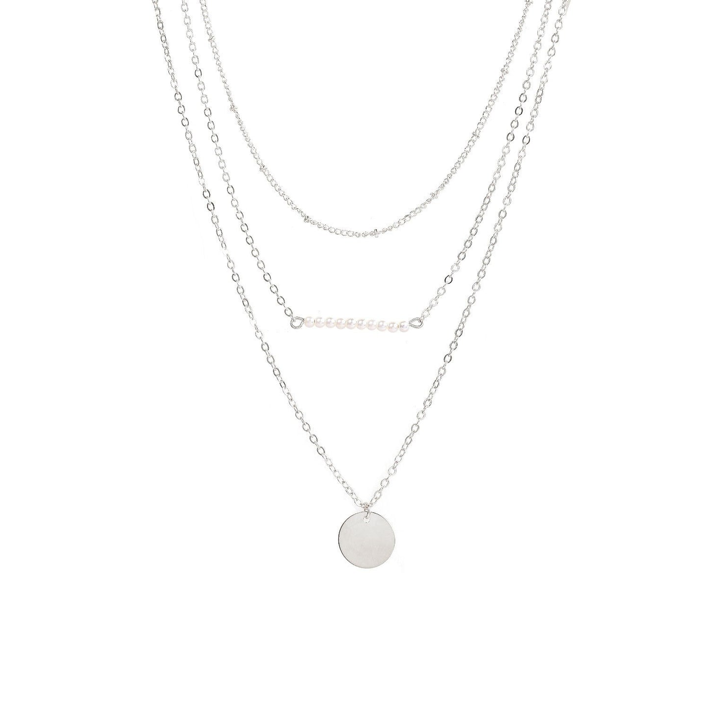 Multi-Layer Short Necklace with Pearl and Sequin Accents Geometric Alloy Pendant Chain for Women
