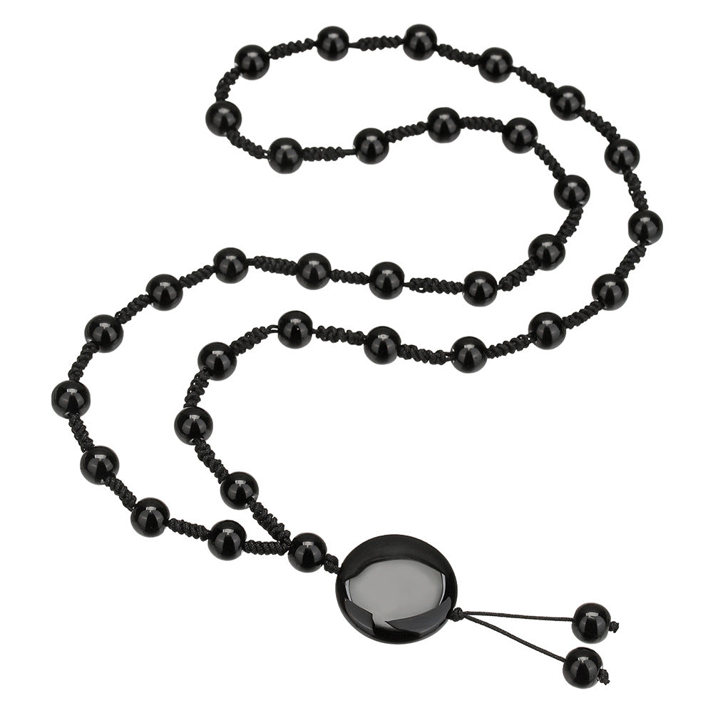 Vintage Gothic Geometric Black Agate Tassel Necklace Handmade Cable Chain Unisex