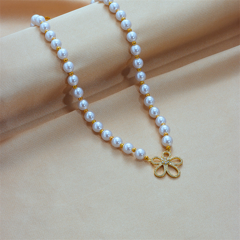 Vintage-Inspired Floral Pearl Necklace with Rhinestone Accents, Titanium Steel Plated, Handwoven Chain for Women