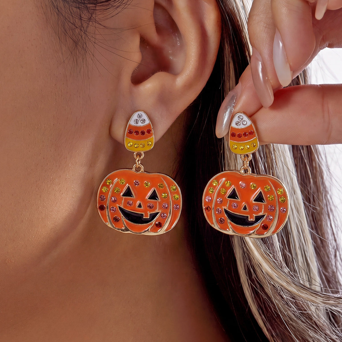 Sweet Cartoon Pumpkin Rhinestone Drip Oil Plated Alloy Earrings Unisex Halloween Jewelry