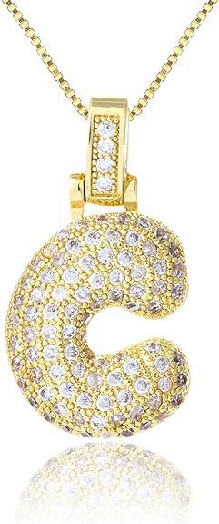 14K Gold Plated Brass Letter Pendant Necklace with Cubic Zirconia Inlay Box Chain for Women
