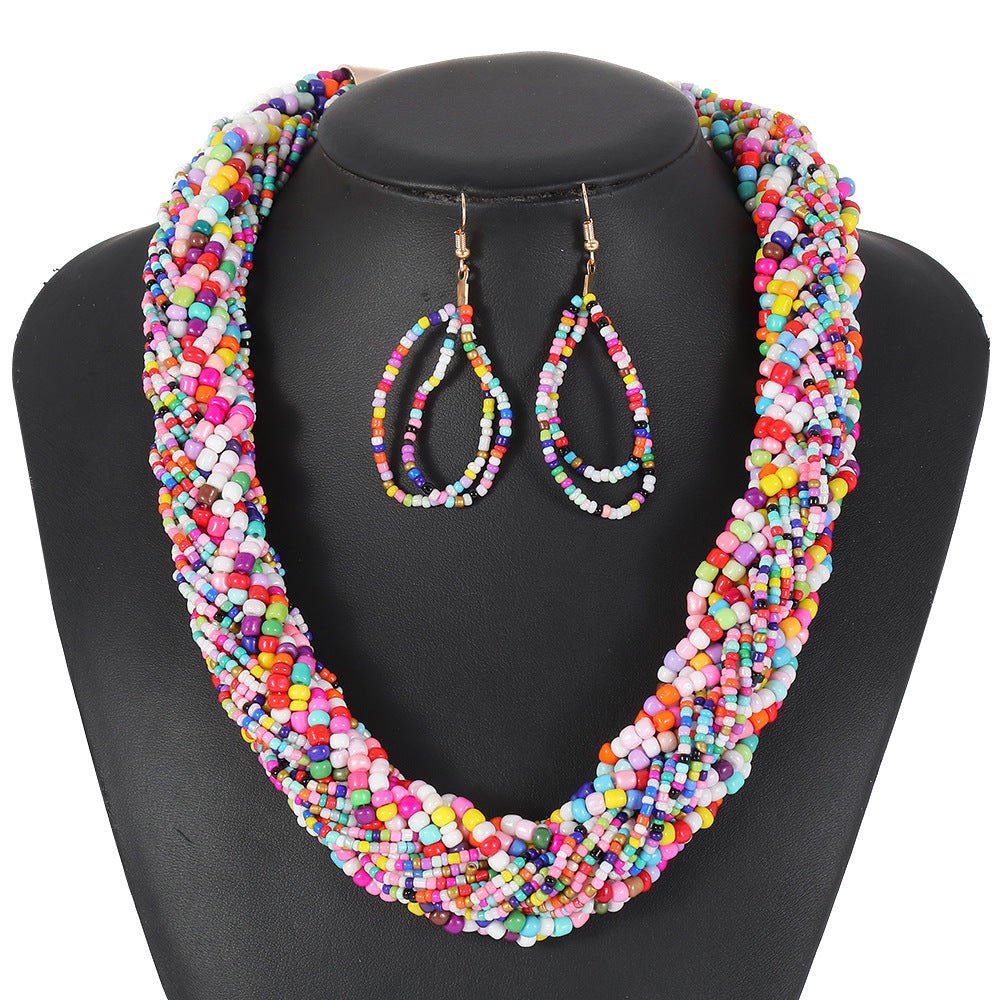Set di collana multifilo bohémien dolce-grintoso da donna con catena di perline di vetro e girocollo a rete