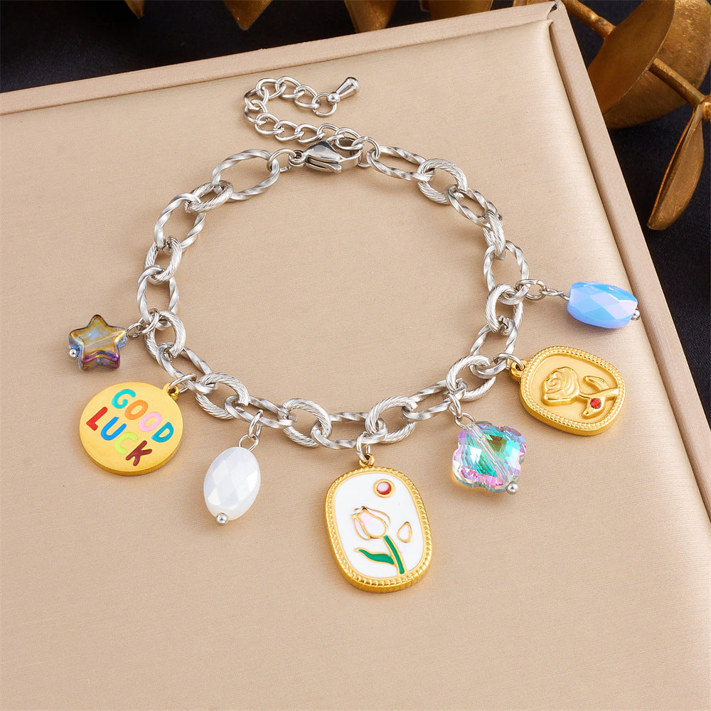 Fashion Elegant Drip Oil Plated Stainless Steel Bracelet with Tulip Moon Star Heart Floral Geometric Charms for Women