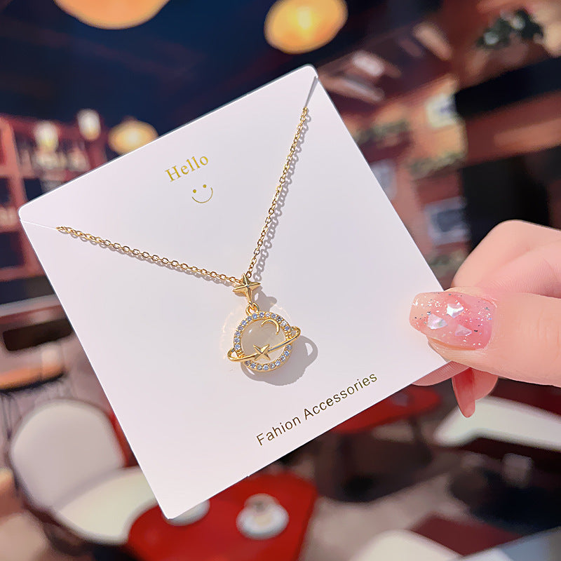 Minimalist Cat's Eye Stone Planet Pendant Necklace in Titanium Steel with Plated Finish for Women