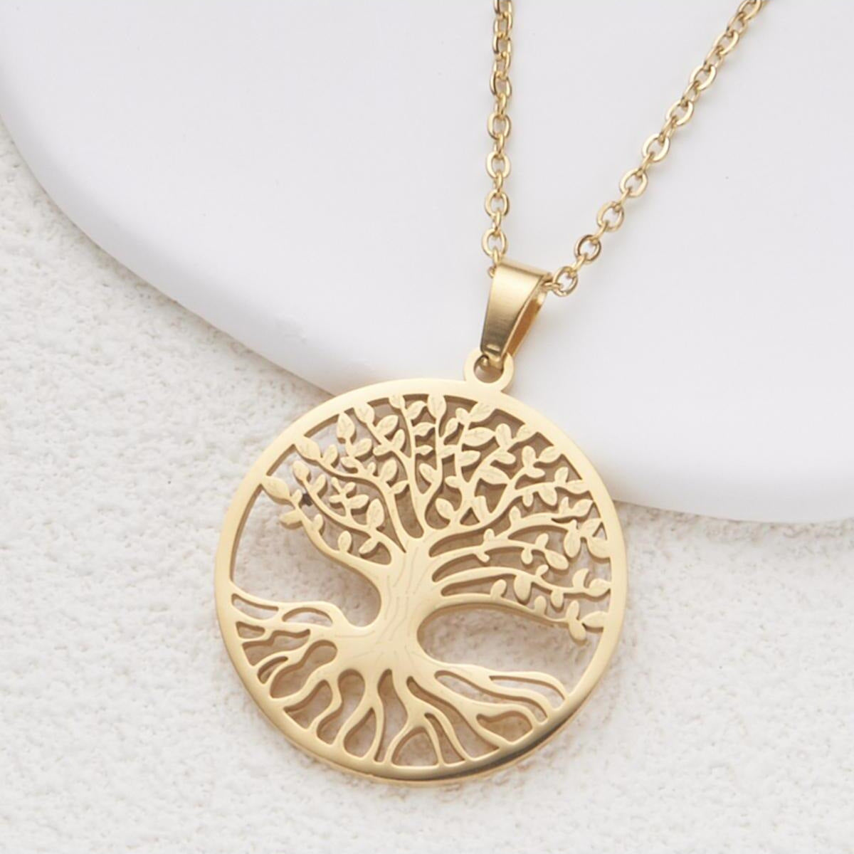 Minimalist Hollow Tree of Life Pendant Necklace for Women and Men in Stainless Steel with Titanium Steel Charm and Plated Finish