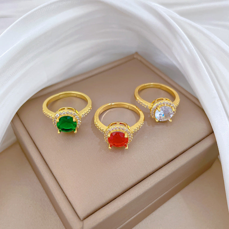 Minimalist Sweet Micro-Inlaid Cubic Zirconia Crown Brass Adjustable Ring for Women