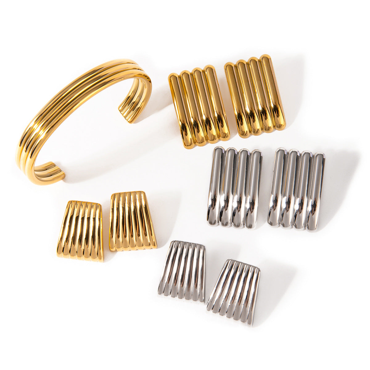 Minimalist 18K Gold Plated Stainless Steel Triple Ribbed Open Cuff Bracelet and Striped Earrings Set