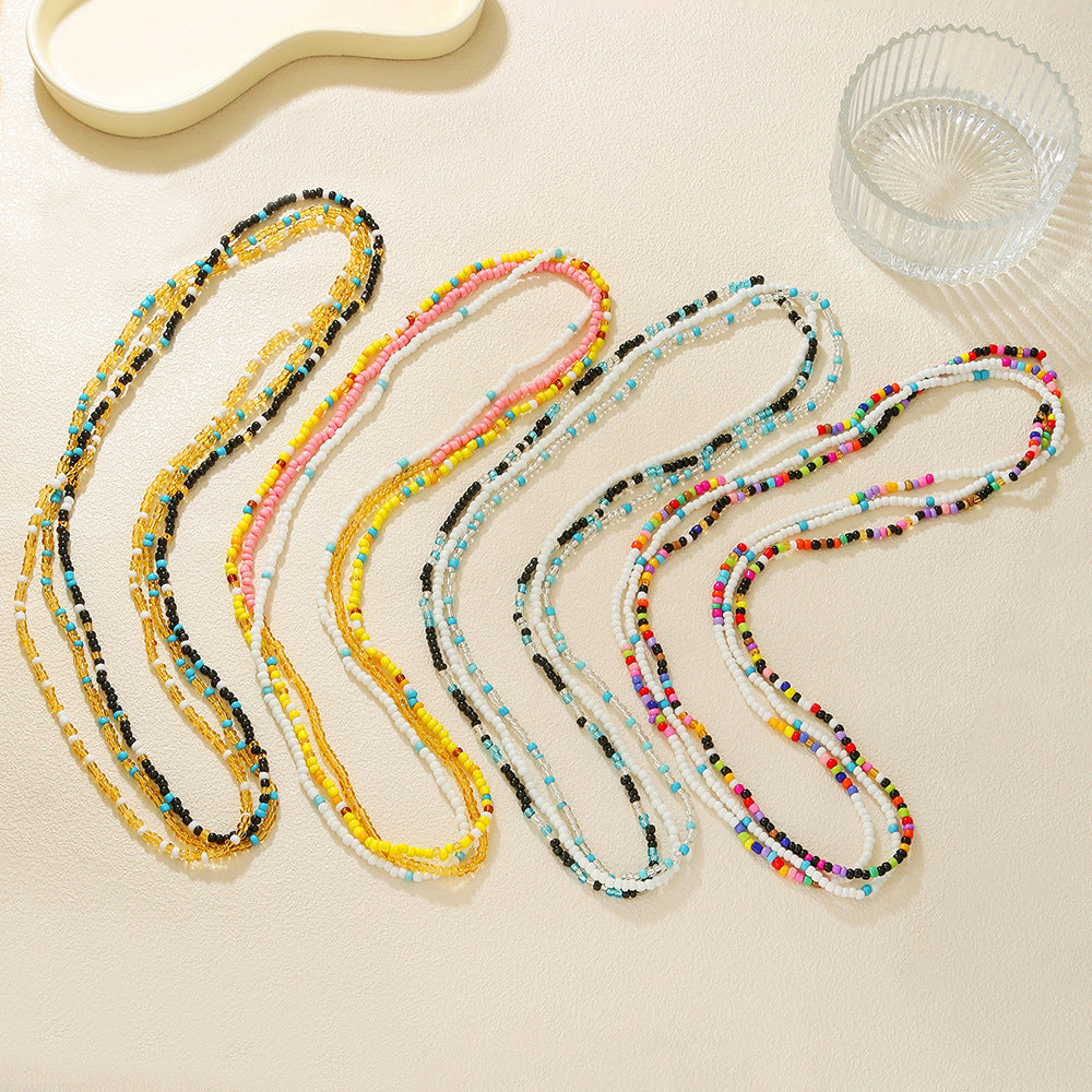 Bohemian Ethnic Geometric Seed Beads Waist Chain with White Crystal Inlay Double Layer Elastic