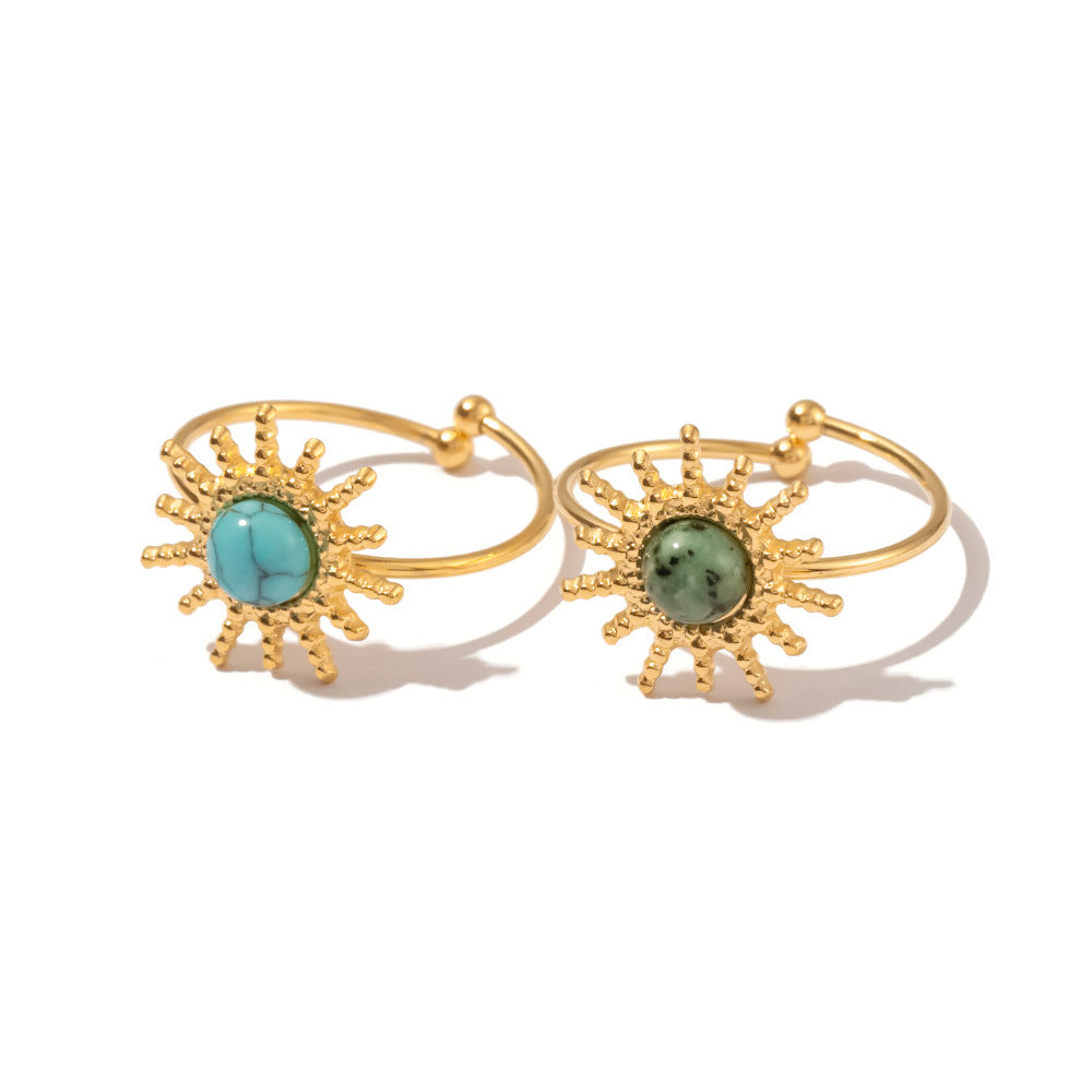 French Vintage Style Sun-Shaped Titanium Steel Ring with Turquoise Inlay for Women