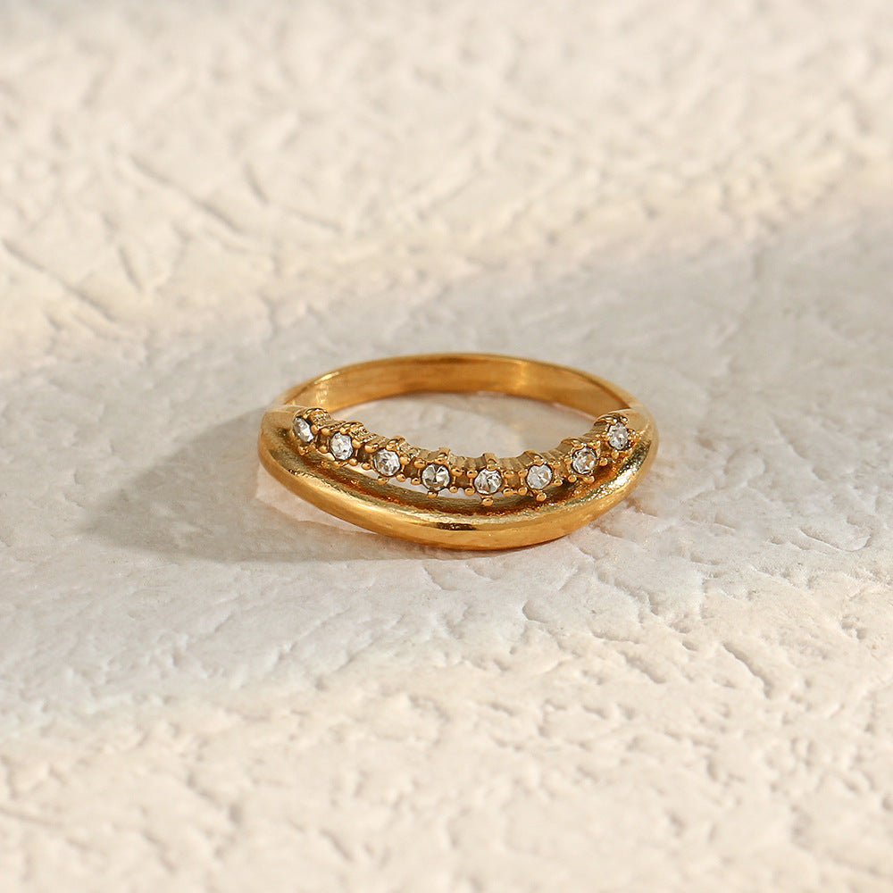 Minimalist Geometric Stainless Steel Plated Double Layer Thin Ring with Zirconia for Women