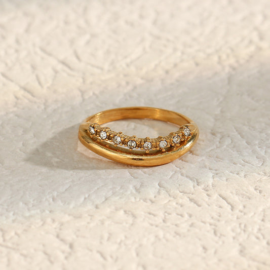 Anello sottile a doppio strato in acciaio inossidabile placcato, geometrico e minimalista, con zirconi, da donna