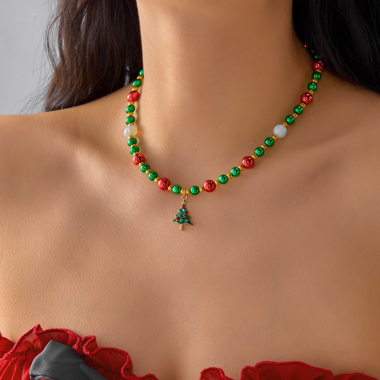 Collana Natalizia Casual da Donna con Ciondoli a Forma di Renna e Pupazzo di Neve Smaltati su Catena di Perline