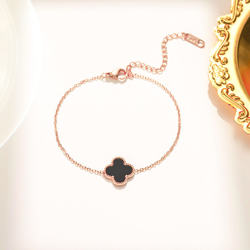 Minimalist Four-Leaf Clover Bracelet in Titanium Steel with Electroplated Finish for Women and Unisex Wear