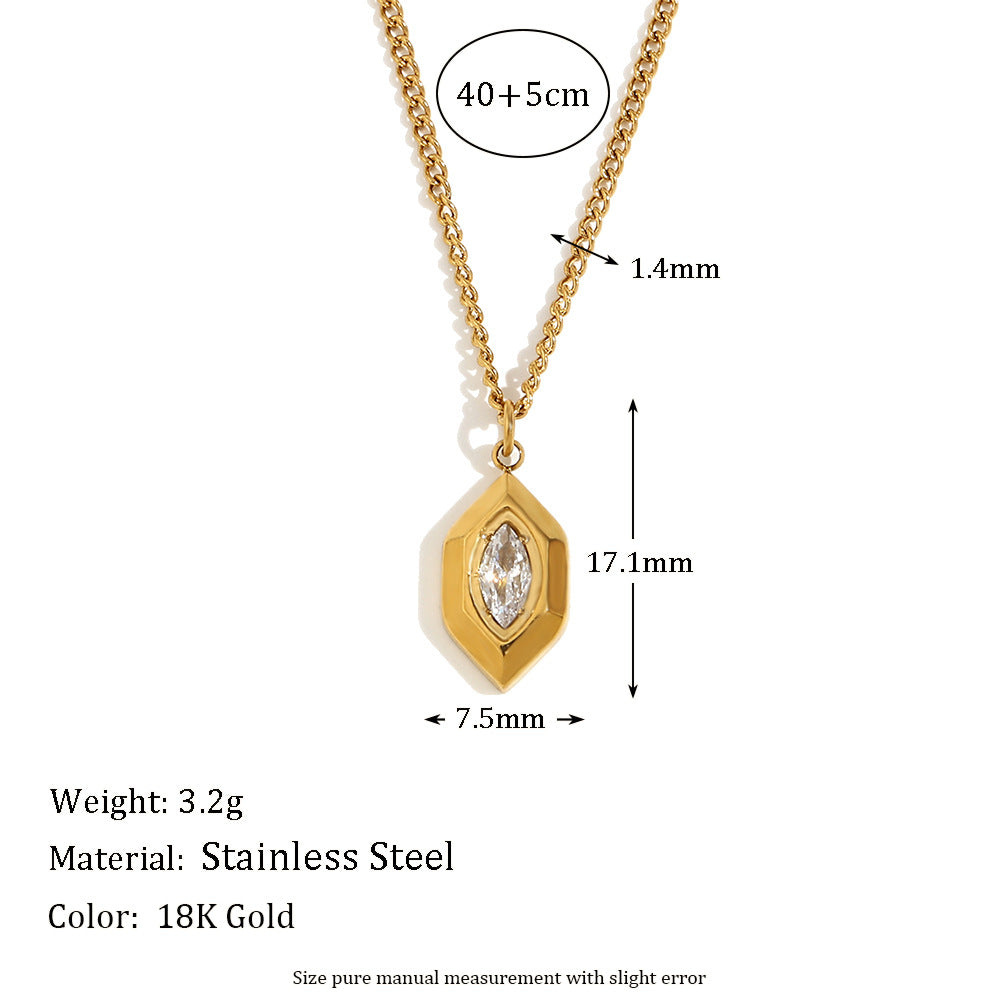 Minimalist Geometric Rhombus Pendant Necklace for Women in Stainless Steel with 18K Gold Plating and White Rhinestone Inlay