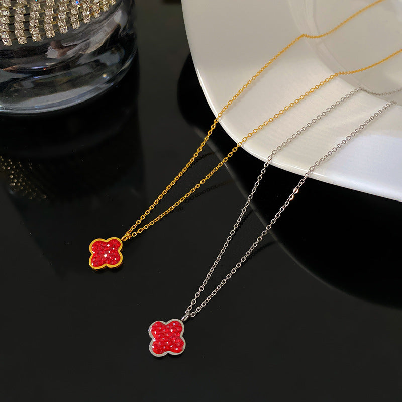 Elegant Micro-Set Cubic Zirconia Red Geometric Titanium Steel Necklace for Unisex