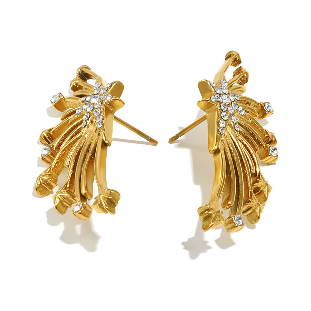 Minimalist Geometric Wing-Shaped Stainless Steel Earrings with 18K Gold Plating and Zircon Inlay for Women