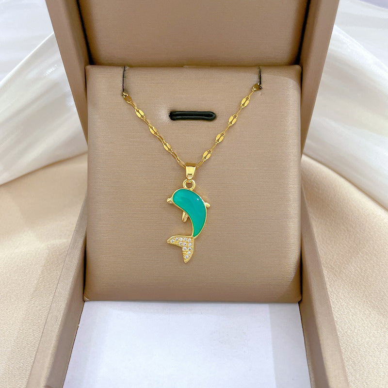 Collana Minimalista con Catena a Labbra in Acciaio al Titanio con Pendente in Rame e Intarsio di Strass