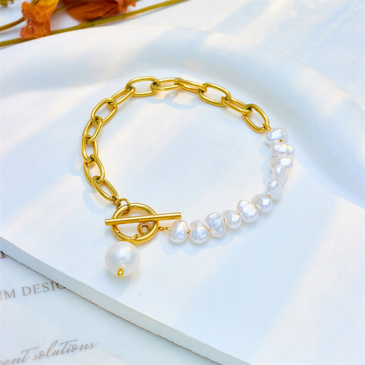 Punk Vintage Asymmetrical Pearl Beaded Pendant Bracelet with Titanium Steel Chain and Plated Finish