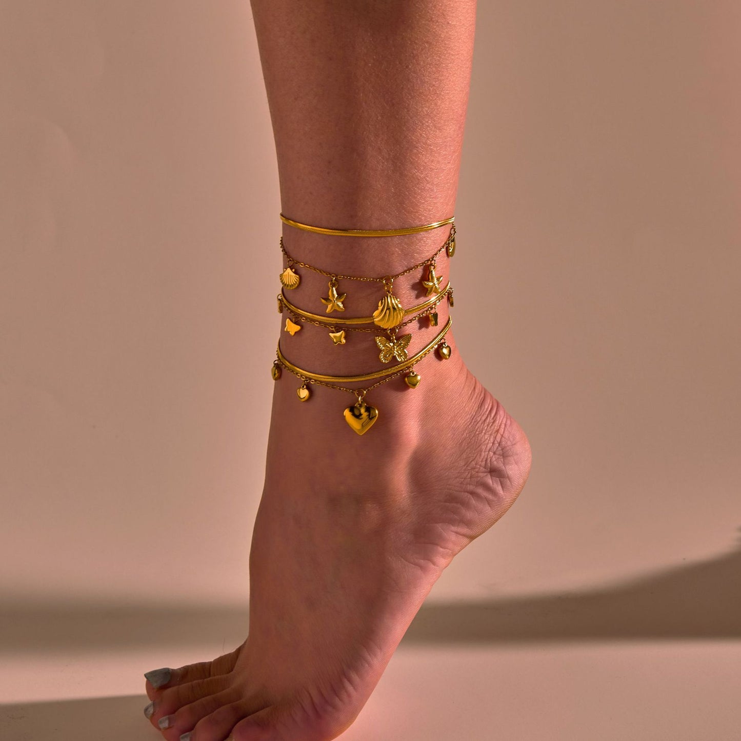 Cavigliera da donna in acciaio inossidabile con stella marina, conchiglia e cuore, stile geometrico OL, con design costiero estivo minimalista
