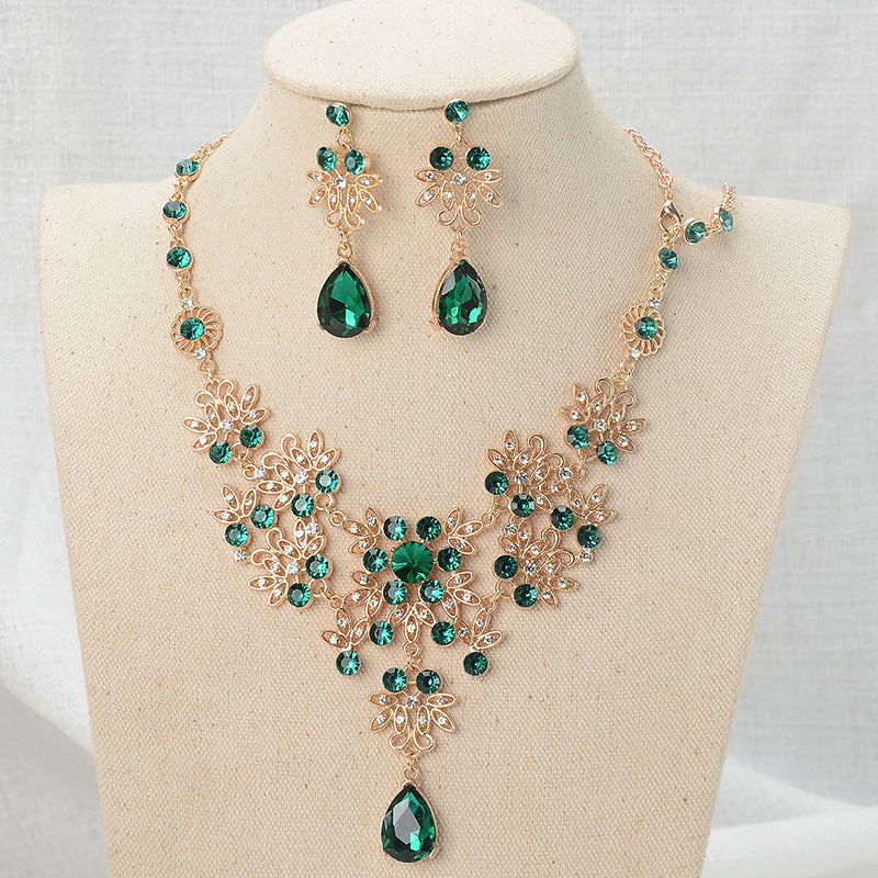 Luxury Elegant Floral Rhinestone Alloy Plated Necklace and Earring Set for Women Wedding Bridal Jewelry