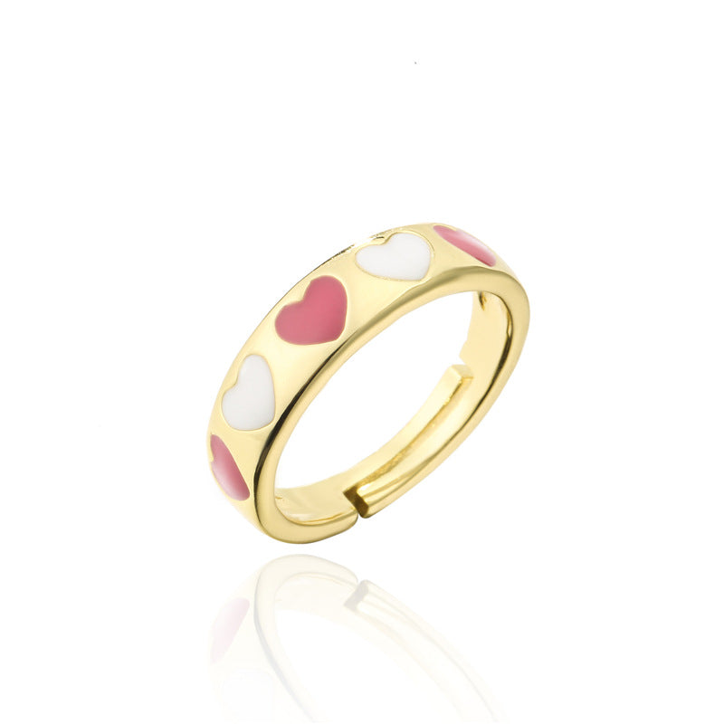 Mixed Color Drip Oil Heart Shaped Brass Ring for Women