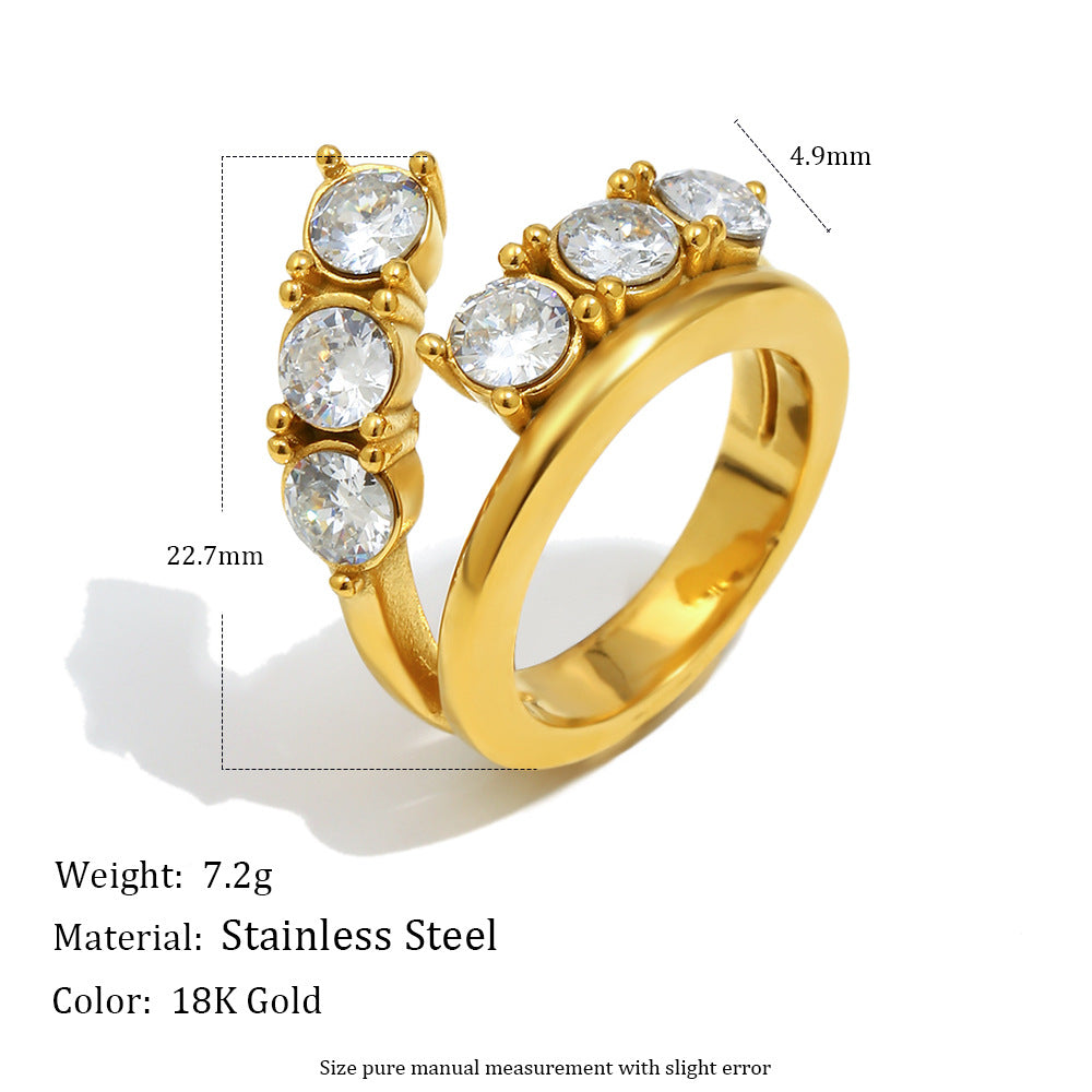 Minimalist Luxe Geometric Stainless Steel Ring with 18K Gold Vacuum Plating and Double-Layer Zirconia Accents