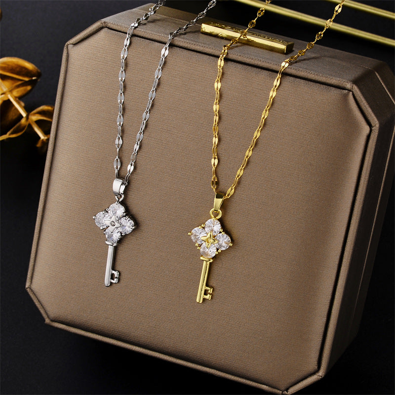 Geometric Key Pendant Necklace for Women in Titanium Steel with Gold Plating and Fringe Detail